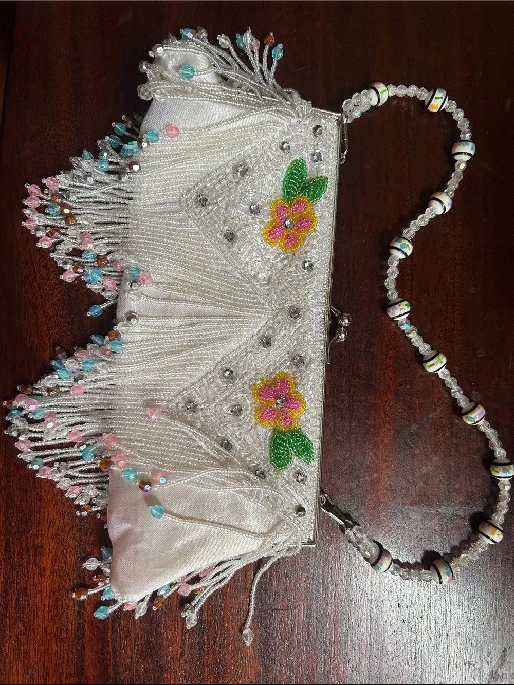 Beaded Floral Satin Fringe Evening Clutch Purse